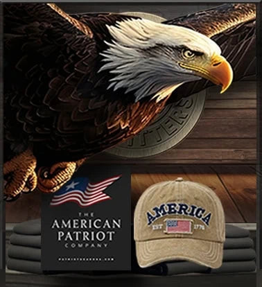 Patriot Gear USA Apparel Company advertisement for embroidered Baseball caps with 'AMERICA' text and an American flag in front of an American Patriot Soldier wearing tactical gear from American Outfitters Apparel Company.