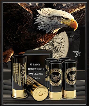 Set of Patriot Gear USA Company alcohol shot glasses with an American flag design, displayed against a dark background and the American Outfitters Apparel Company logo.