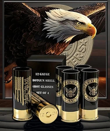 Set of Patriot Gear USA Company alcohol shot glasses with an American flag design, displayed against a dark background and the American Outfitters Apparel Company logo.