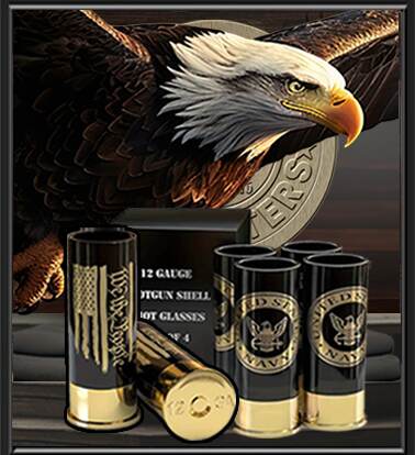 Patriot Gear USA Company Product display with military-themed Patriotic Novelty items and 'The Eagles Nest American Patriot Apparel COmpany branding.