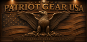 Patriot Gear USA logo graphic featuring a golden eagle with spread wings over an American flag background, with the text 'THE AMERICAN PATRIOT COMPANY' and 'PATRIOT GEAR USA' in large lettering.