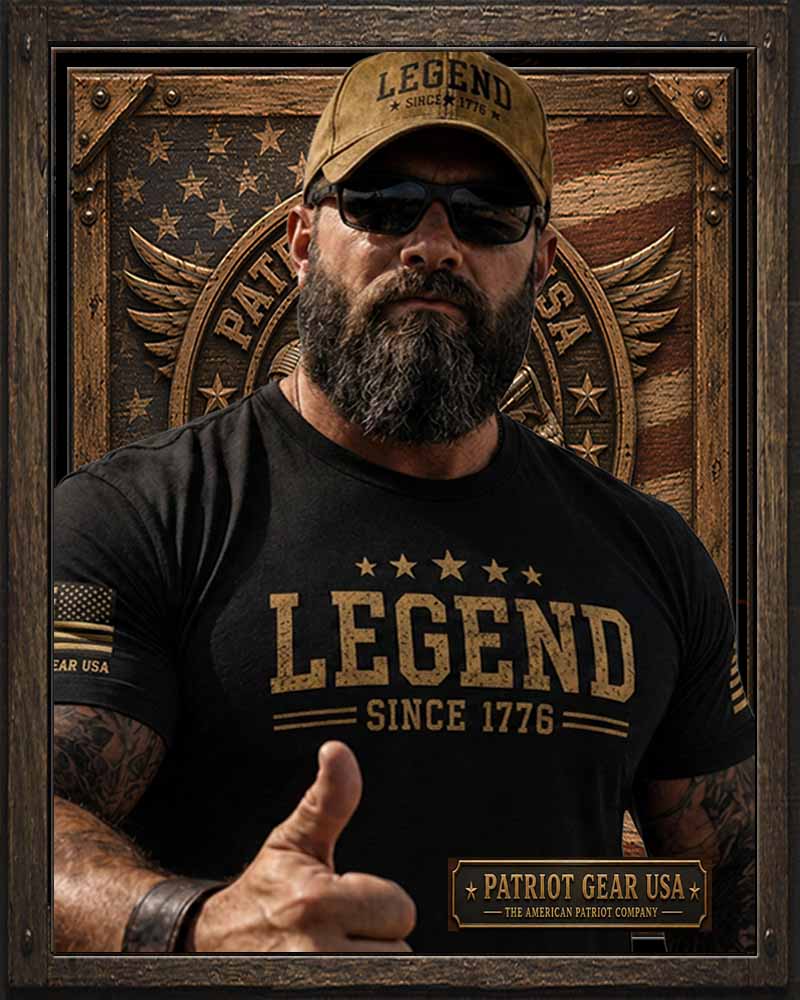 A bearded man wearing a tan cap and black t-shirt with 'LEGEND SINCE 1776' and 'PATRIOT GEAR USA' graphics, standing in front of a rustic patriotic wood panel background.