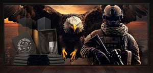Patriot Gear USA soldier with eagle and patriot apparel products on a wooden surface for advertisement of Patriots Point Blog page.