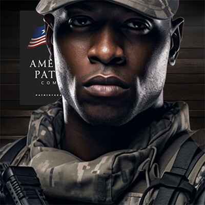 Photo of a soldier in camouflage uniform with the Patriot Gear USA Logo and the American flag in the background.