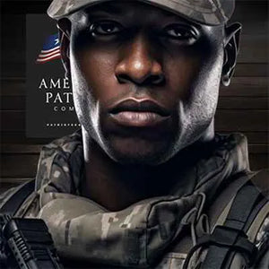 Patriot Apparel Company Photo of a soldier in camouflage uniform with the Patriot Gear USA Logo and the American flag in the background.