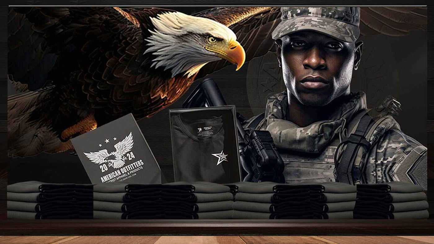 Patriot Gear USA Apparel Company advertisement featuring an American Soldierr in camouflage uniform with the Patriot Gear USA logo, a Bald Eagle and the American flag in the background.