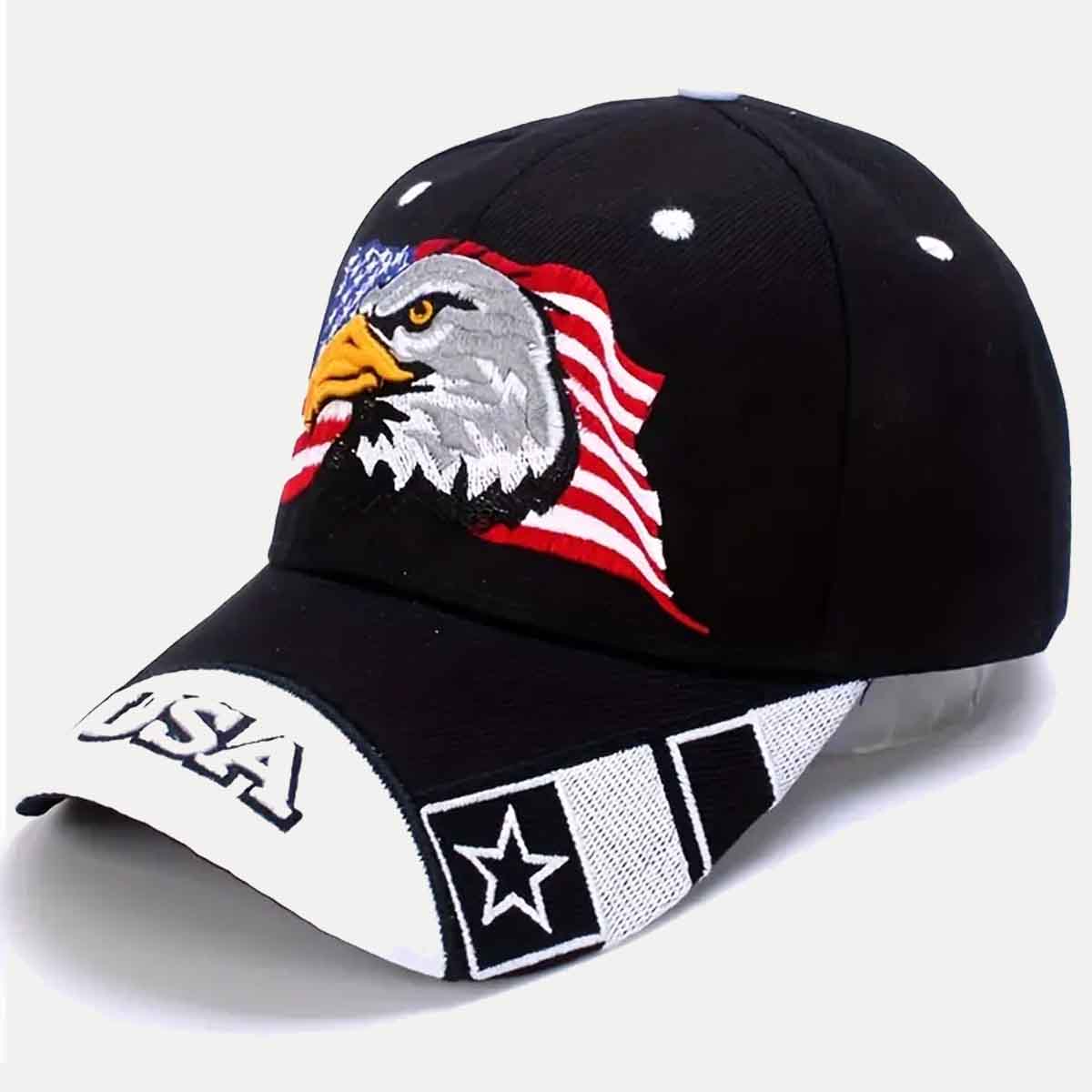 Embroidered USA Eagle Baseball Cap made with breathable material and has an adjustable strap, ensuring a comfortable and secure fit for all head sizes.