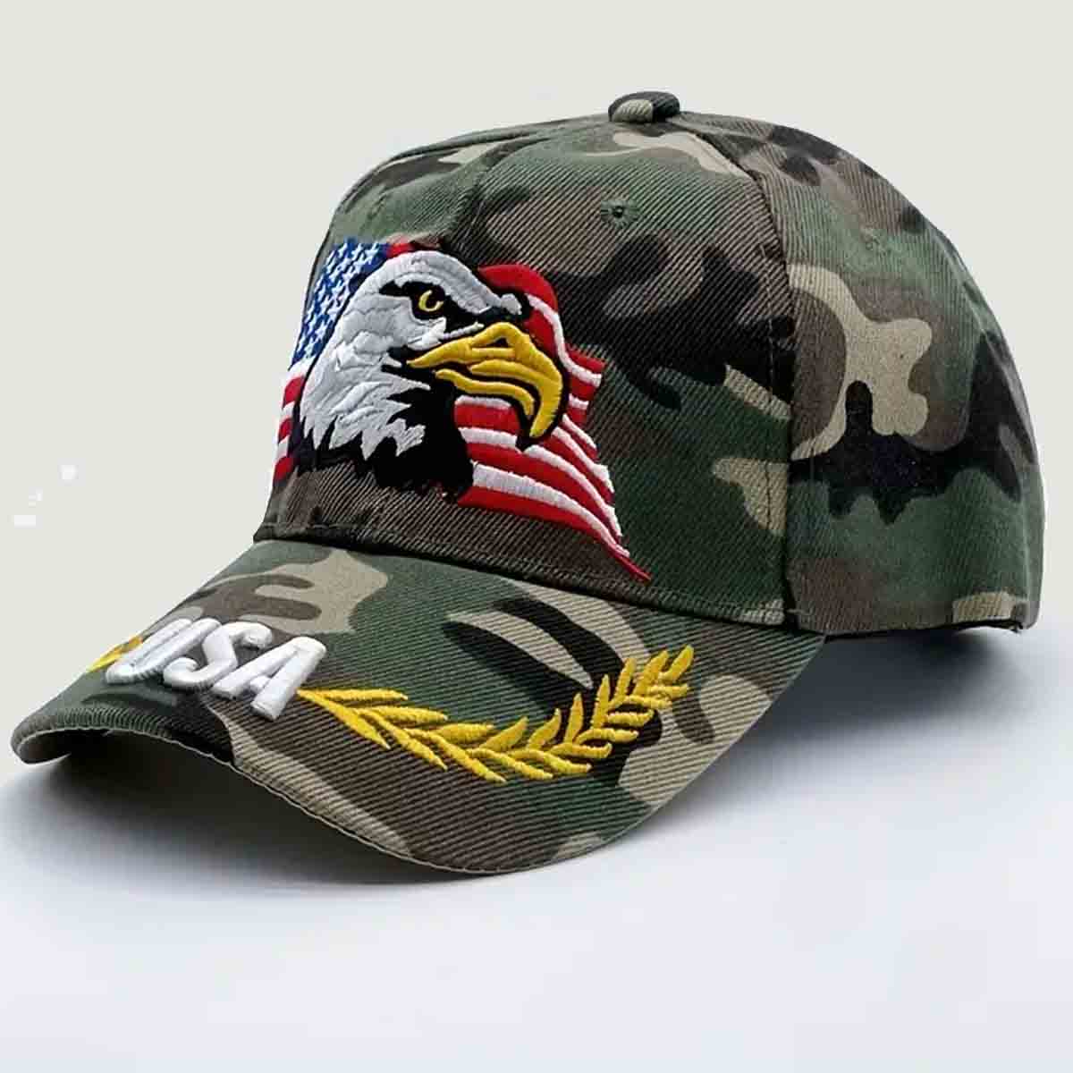 Embroidered USA Tacticle Eagle Baseball Cap designed with a camouflage pattern and an embroidered USA eagle, making it a perfect accessory for any casual event. American Outfitters Patriot Apparel. The American Clothing Company. Patriot Gear USA.