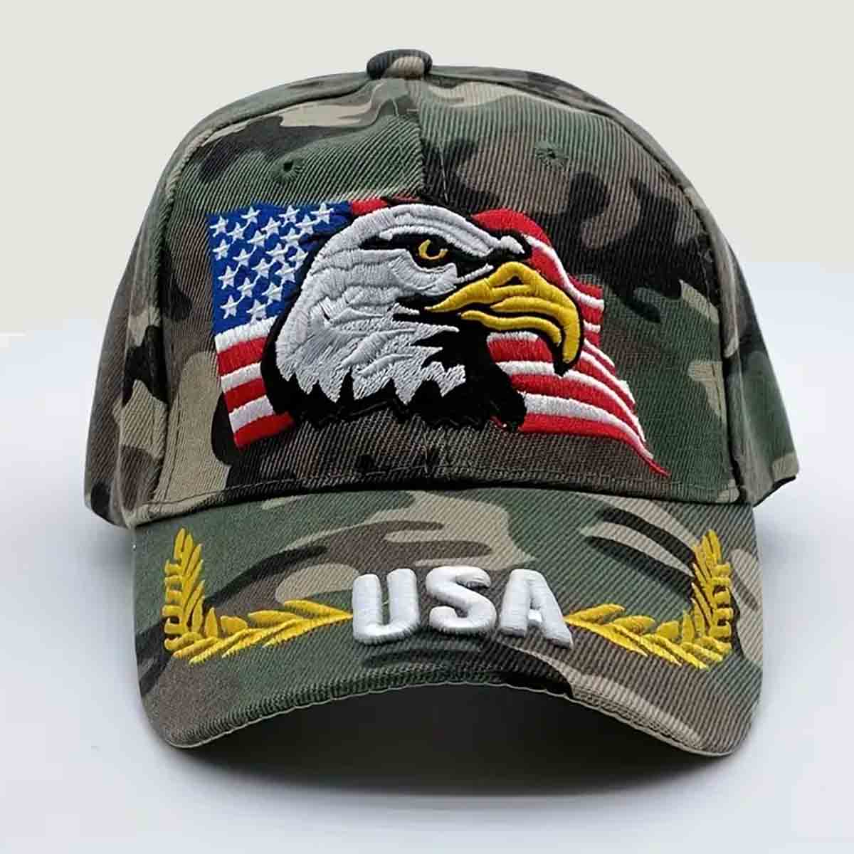 Embroidered USA Tacticle Eagle Baseball Cap designed with a camouflage pattern and an embroidered USA eagle, making it a perfect accessory for any casual event. American Outfitters Patriot Apparel. The American Clothing Company. Patriot Gear USA.