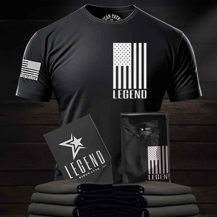 Patriot Apparel featuring a Patriot Gear USA Black t-shirt with 'Legend' design on a wooden surface