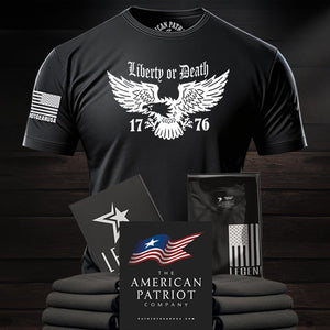 Patriot Apparel Black t-shirt with 'Liberty or Death' design on a wooden surface with Patriot gear USA Logo.