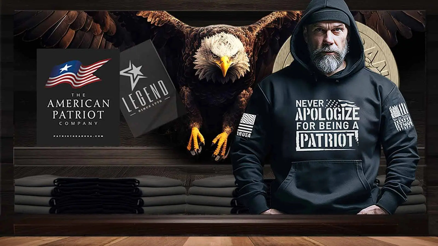 Patriot Gear USA Logo showcased in background of an American Patriot Man proudly wearing a shirt emblazoned with the message "Never Apologize for Being a Patriot", emphasizing the spirit of patriotism and pride.