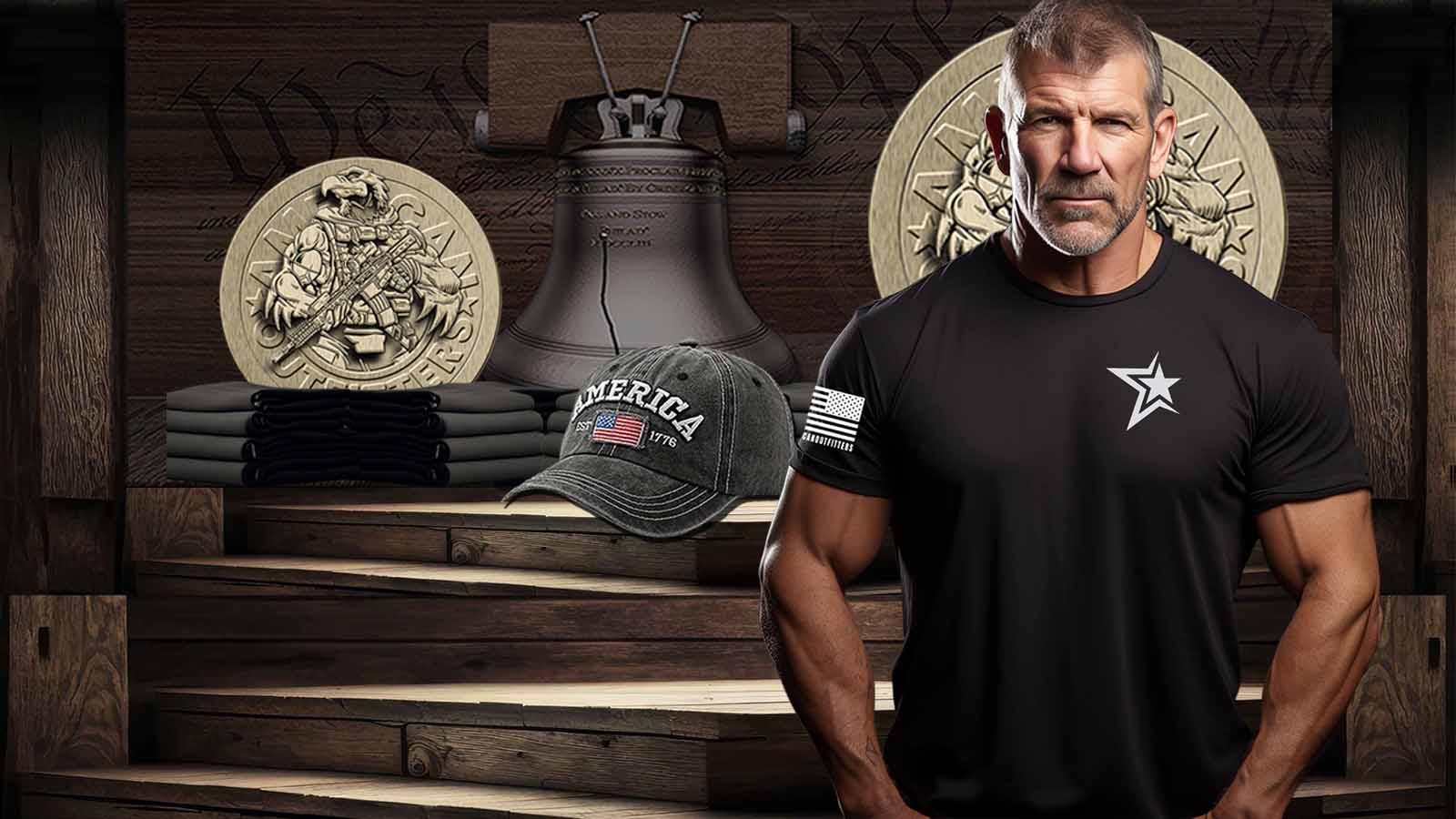American Patriot man wearing a Patriot Gear USA apparel t-shirt with an American Star emblem, surrounded by patriotic merchandise on a wooden shelf.