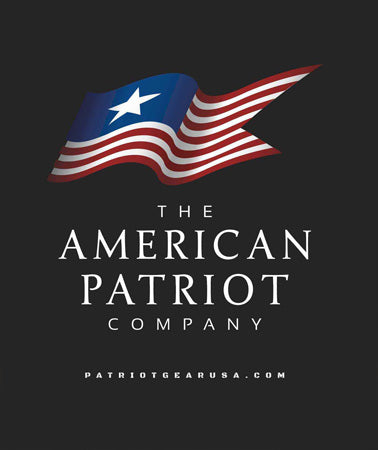 Logo of The American Patriot Company Patriot Gear USA Apparelwith and and American flag on a dark background