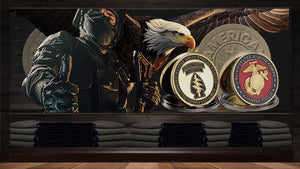 Patriot Gear USA Challenge Coins with military symbols and an eagle on a wooden surface.
