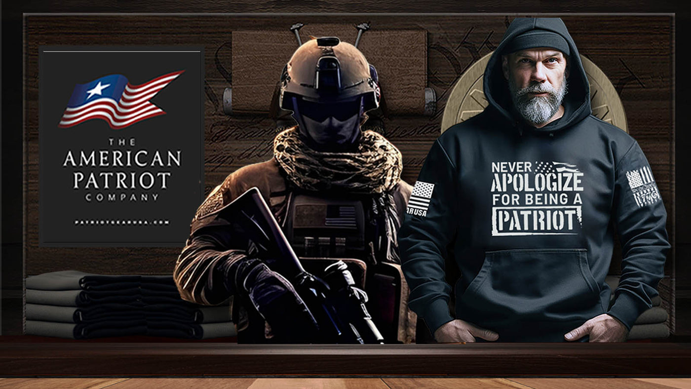 Patriot Gear USA Logo on black T-shirt beside a American Military Soldier and a American Patriot man wearing a blue hoodie with patriotic designs on a wooden background