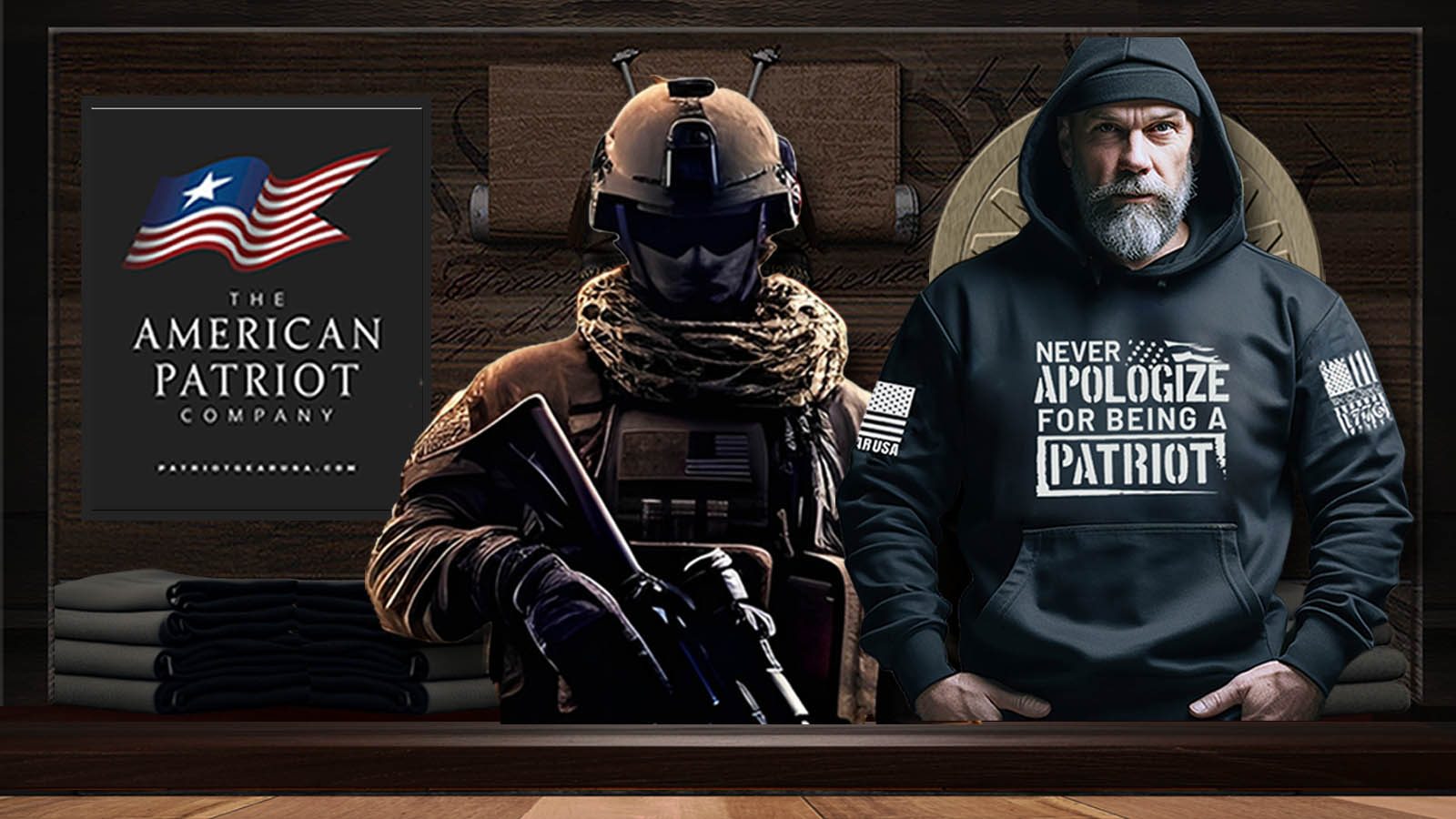 Patriot Gear USA Logo on black T-shirt beside a American Military Soldier and a American Patriot man wearing a blue hoodie with patriotic designs on a wooden background