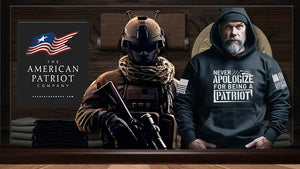 Patriot Gear USA Logo on black T-shirt beside a American Military Soldier and a American Patriot man wearing a blue hoodie with patriotic designs on a wooden background