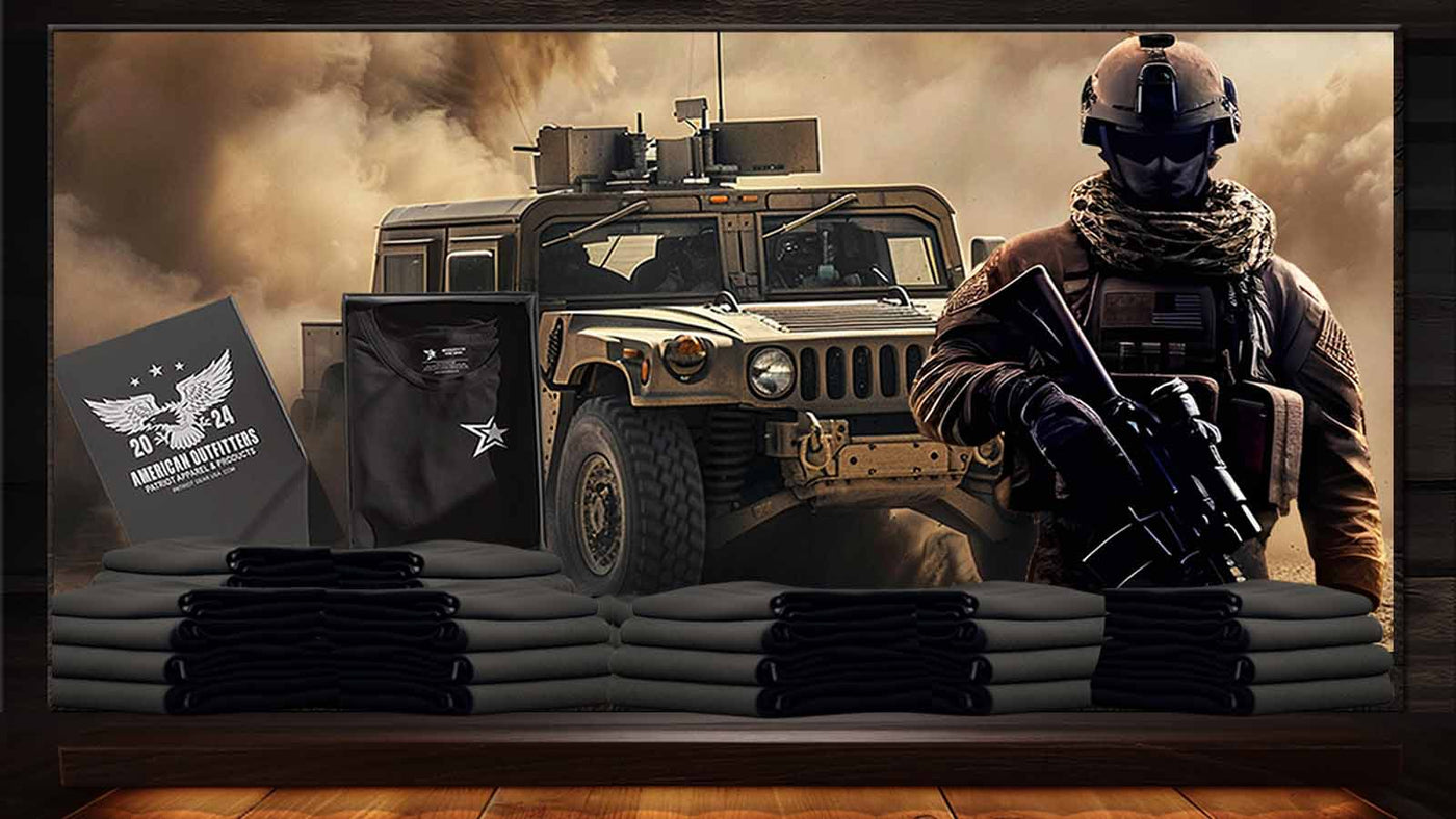 Patriot Gear USA Apparel Soldier wearing combat equipment in a desert setting, featuring outdoor products tailored for survival, tactical, hunitng, and camping products.