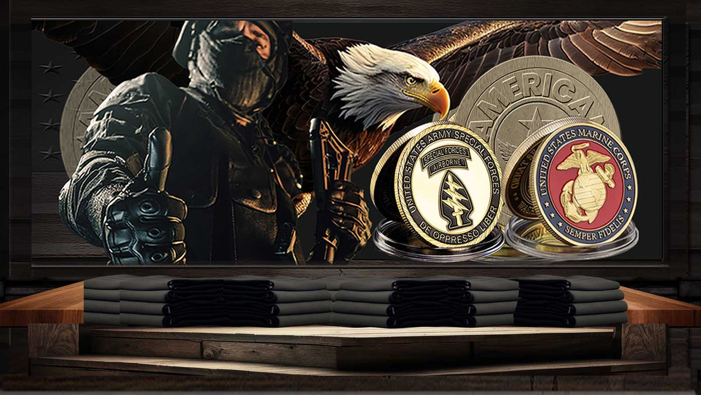 Three Patriot gear USA coins with military symbols on a wooden platform, featuring an eagle and a soldier.