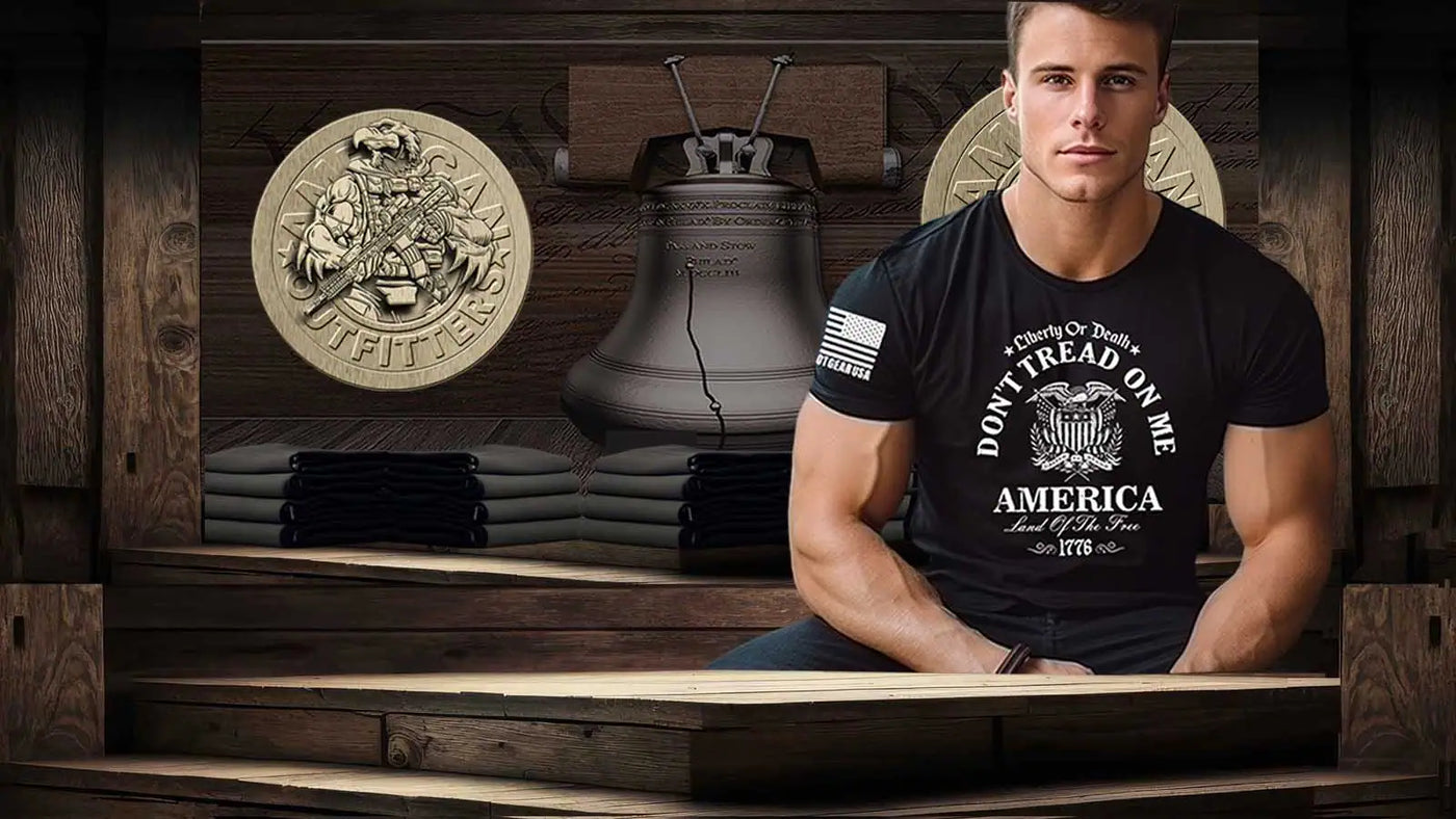 Patriot Apparel Company Logo showcased in background of an American Patriot proudly wearing a shirt emblazoned with the text,"Dont Tread on Me" emphasizing the spirit of American patriotism and prid