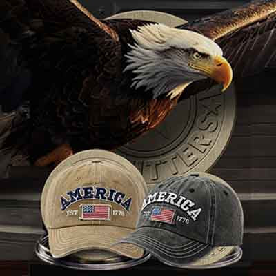 Two Patriot Gear USA Baseball hats with 'AMERICA' and an American flag design, featuring a bald eagle in the background.