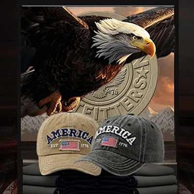 Two Patriot Gear USA embroidered Baseball caps with 'AMERICA' and an American flag design, featuring a bald eagle in the background.