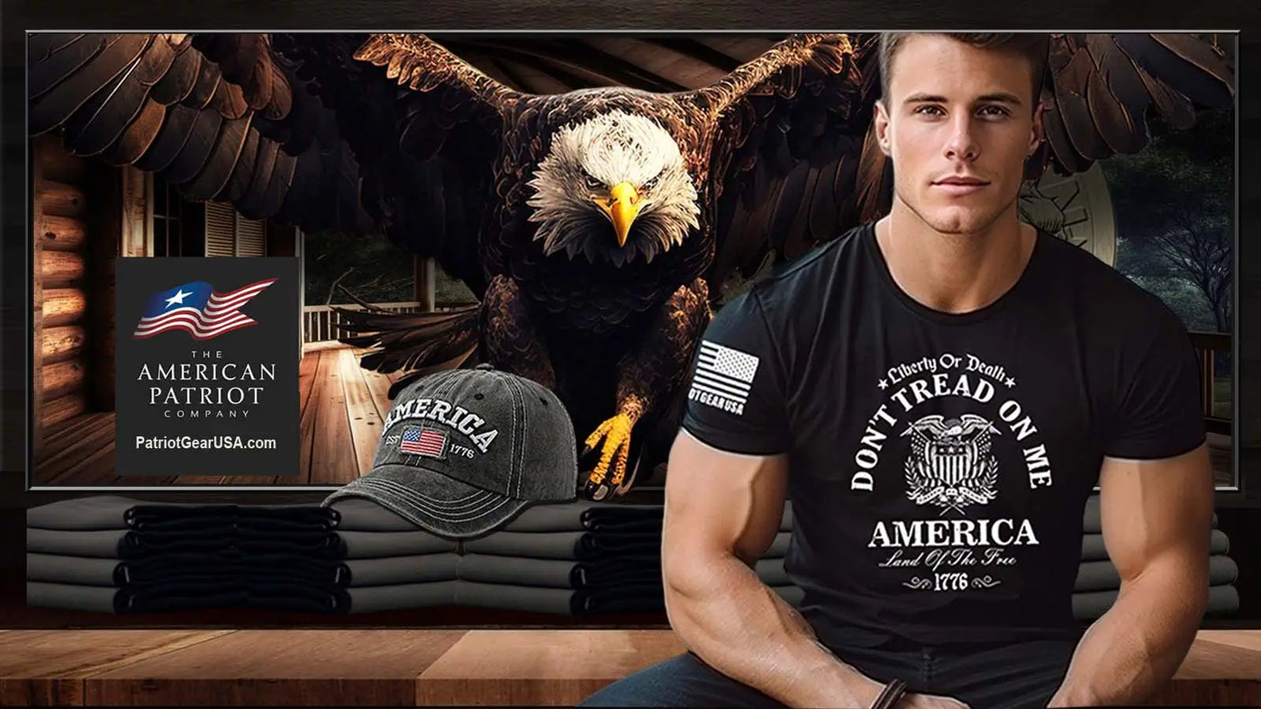 Patriot Gear USA Apparel Company advertisement for embroidered Baseball caps with an American Patriot man sitting beside a embroidered baseball cap with text "America"wearing a black shirt with text "Don't Tread On Me" in front of an American Eagle and the American Outfitters Apparel Company. logo.