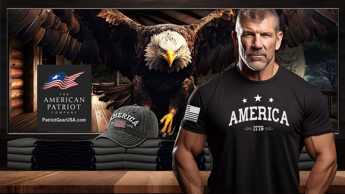 American Patriot man wearing a Patriot Gear USA apparel t-shirt with an American Star emblem, surrounded by patriotic merchandise on a wooden shelf.