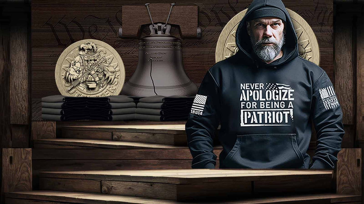 Patriot Apparel Company Patriot Gear USA Logo showcased in background of an American Patriot Man proudly wearing a shirt emblazoned with the message "Never Apologize for Being a Patriot", emphasizing the spirit of patriotism and pride.
