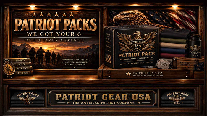 A highly detailed promotional display for Patriot Gear USA, featuring a large 'Patriot Packs' sign, a branded product box, folded apparel, a mug, and decorative American flag and eagle imagery inside a rustic wooden display case.