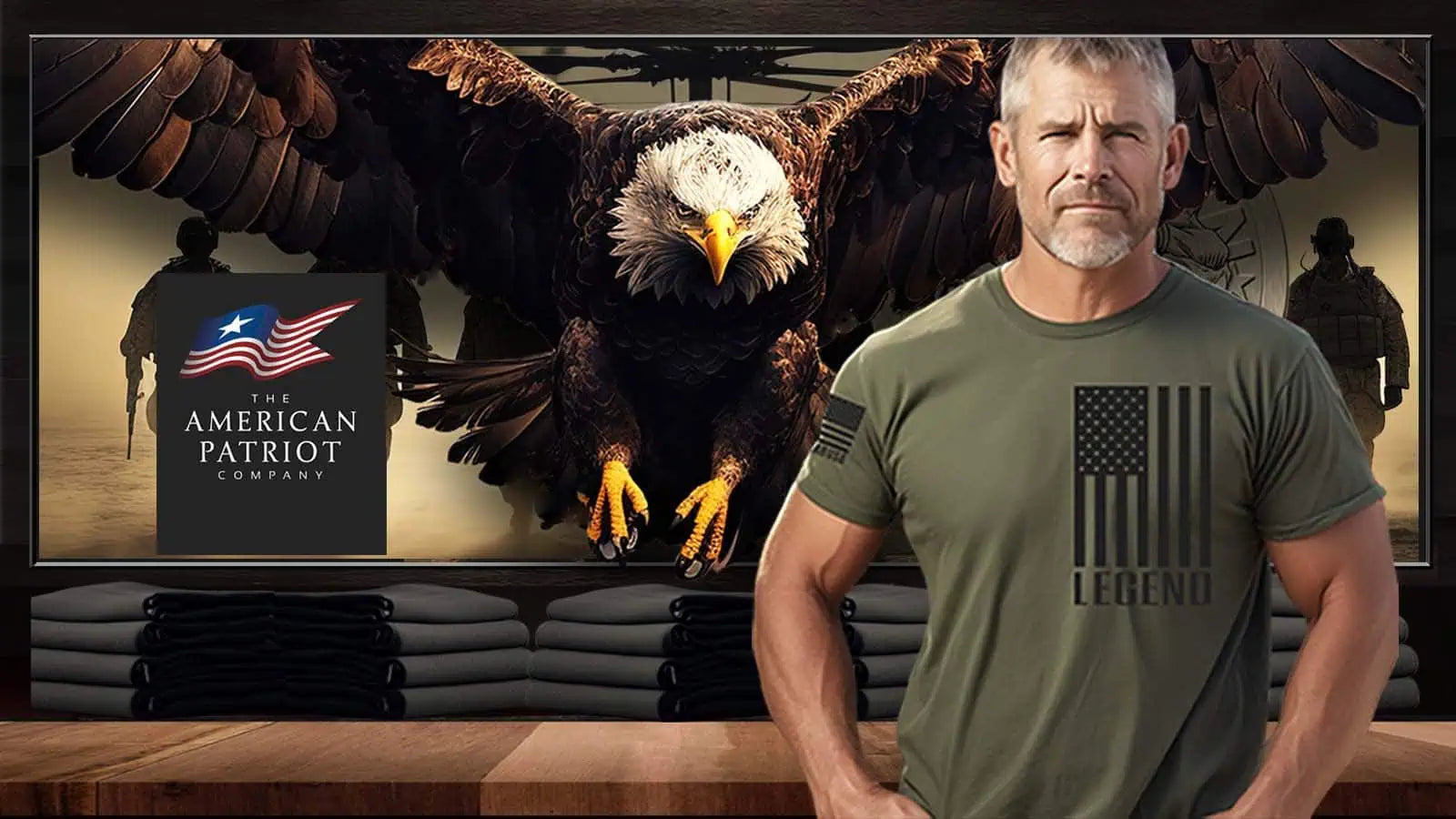 Patriot Apparel Company Logo showcased in background of an American Patriot proudly wearing a shirt emblazoned with the text Legend, emphasizing the spirit of American patriotism and pride since 1776.
