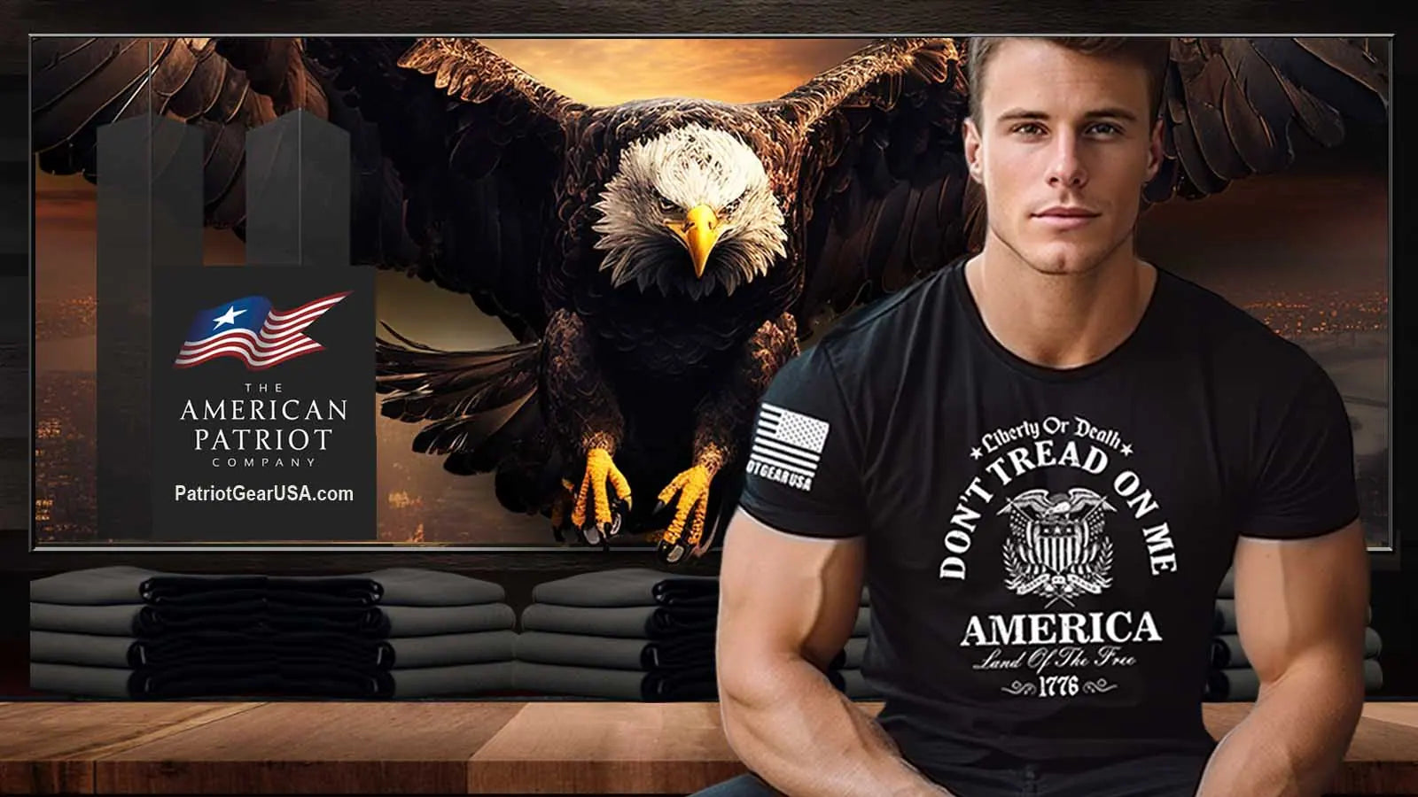 Patriot Apparel Company Logo showcased in background of an American Patriot proudly wearing a shirt emblazoned with the text,