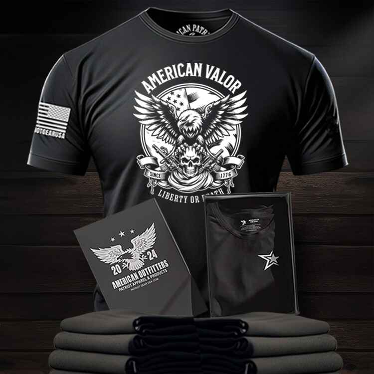 Patriot Apparel Company featuring a Patriot Gear USA Black t-shirt with Eagle  'American Valor' design on a wooden surface
