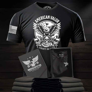 Patriot Apparel Company featuring a Patriot Gear USA Black t-shirt with Eagle  'American Valor' design on a wooden surface