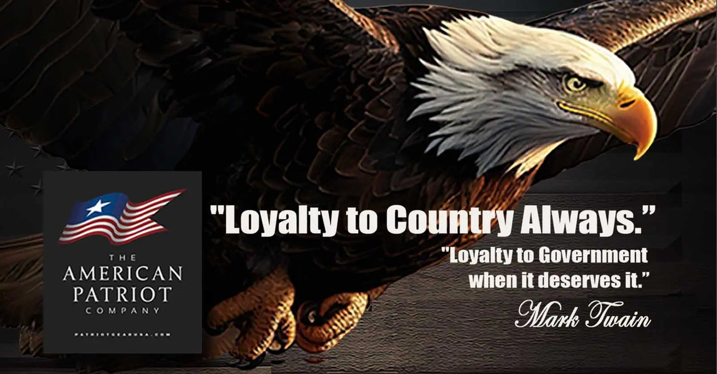 Patriot Gear USA Apparel Company Blog Post with Bald eagle and a quote about "loyalty to country always: on a dark background.