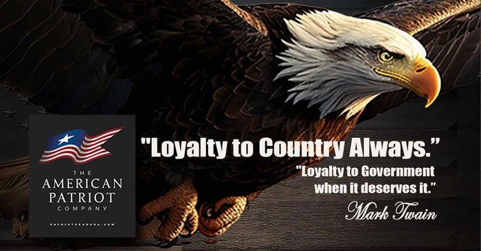Patriot Gear USA Apparel Company Blog Post with Bald eagle and a quote about "loyalty to country always: on a dark background.